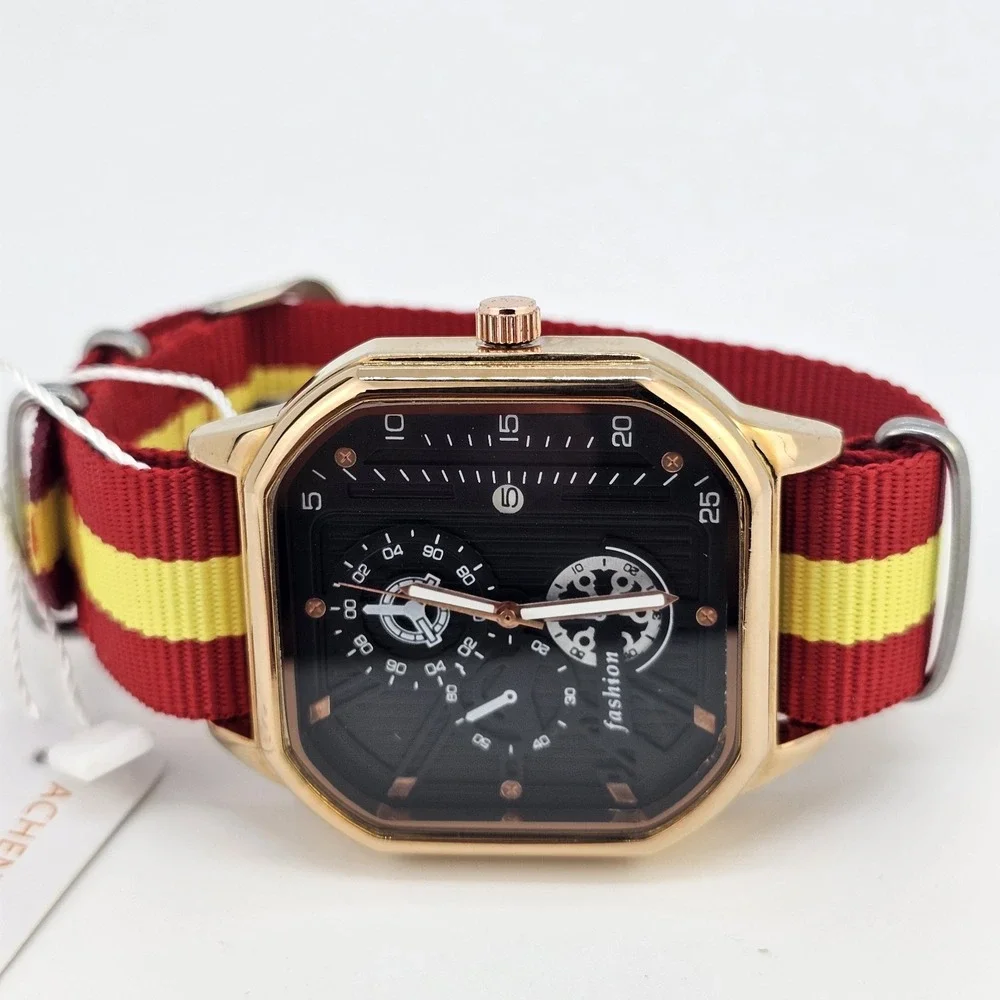 42MM Minimalist Watch Men Black Dial Gold Case‎ Date Red Yellow Canvas Strap